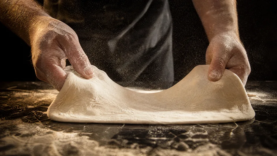 Pizzateig wird von Hand gezogen